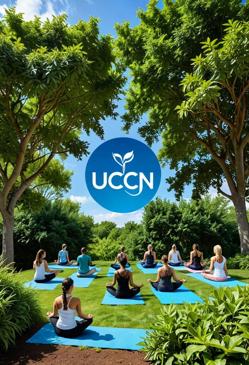 A serene scene featuring a diverse group of people engaging in wellness activities, such as yoga and meditation, surrounded by lush greenery and a bright blue sky. Prominent elements include a modern UConn Health logo subtly integrated into the environment, symbolizing health and empowerment. Include visual representations of medical research, like DNA strands and heartbeats, creatively woven into the background. The overall atmosphere should inspire tranquility and vitality. vibrant colors. super-realistic.