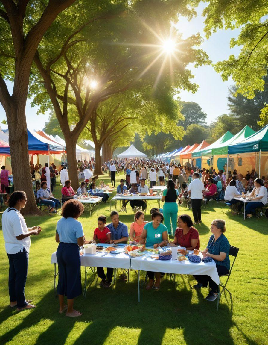 A vibrant community health fair scene with people of diverse backgrounds participating in workshops and discussions on chronic illness management. In the foreground, health professionals demonstrate innovative tools, while families engage in healthy activities. The backdrop features colorful banners promoting preventive health initiatives. Bright sunlight filters through trees, adding warmth and positivity. super-realistic. vibrant colors. community feel.