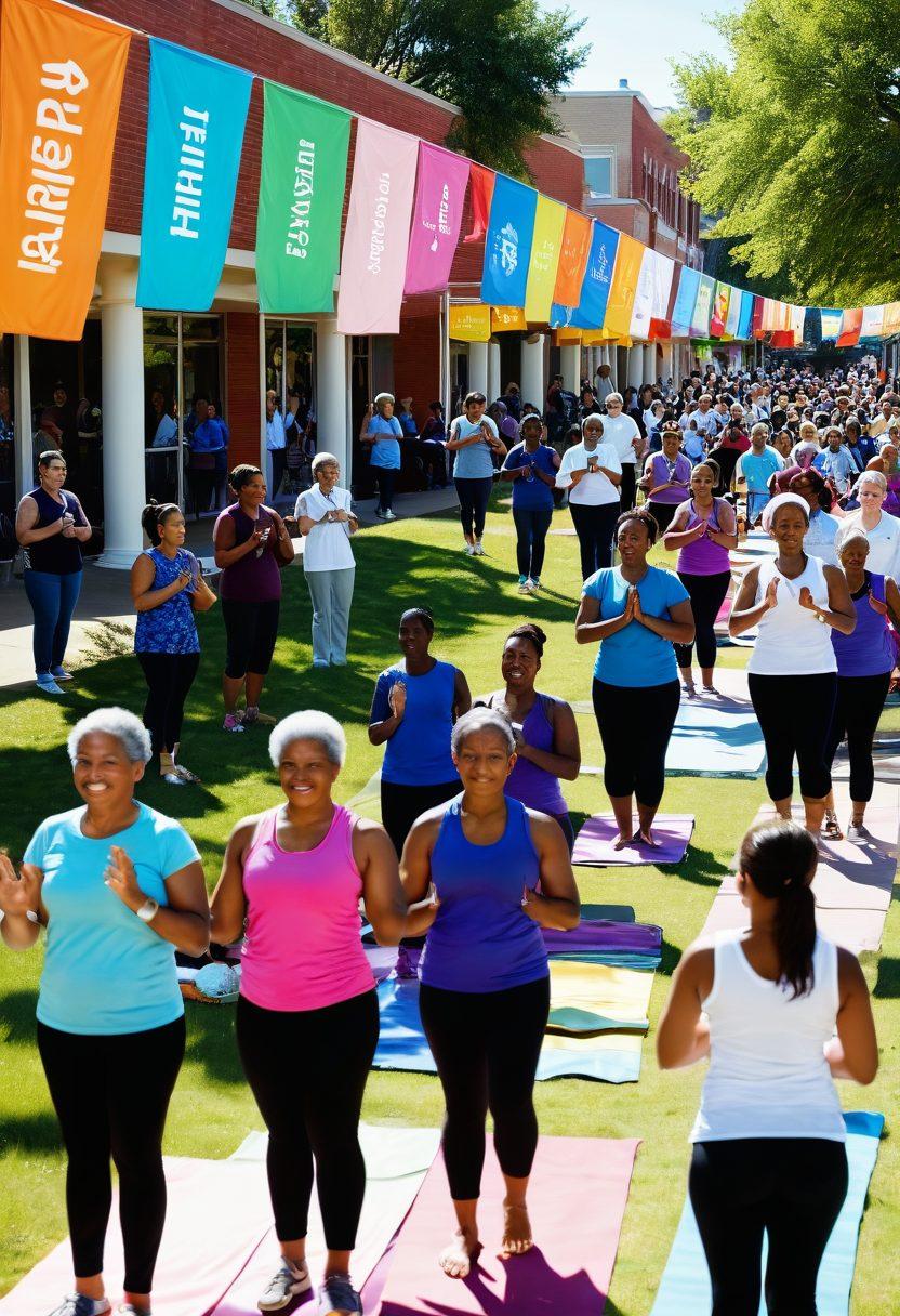 A diverse group of people of various ages and backgrounds participating in a vibrant community health fair, showcasing wellness activities like yoga, nutritional workshops, and health screenings. The scene is filled with colorful banners promoting health awareness, and attendees engaged in discussions, sharing knowledge. Bright sunlight illuminates the happy faces, symbolizing positivity and empowerment in the community. super-realistic. vibrant colors. 3D.